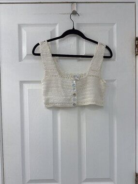 Moda International  Ivory Knit Crochet Button-Down Cro Top